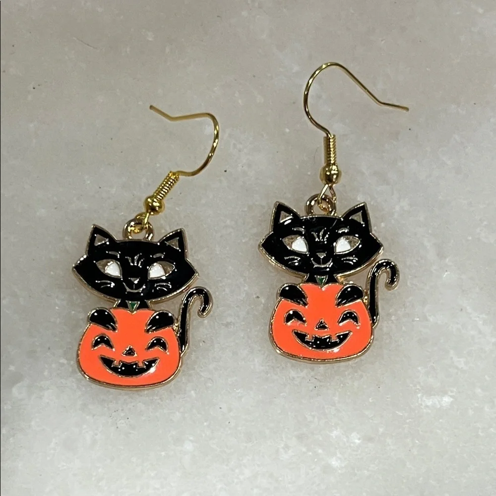 Black Cat and Orange Pumpkin Enamel Earrings